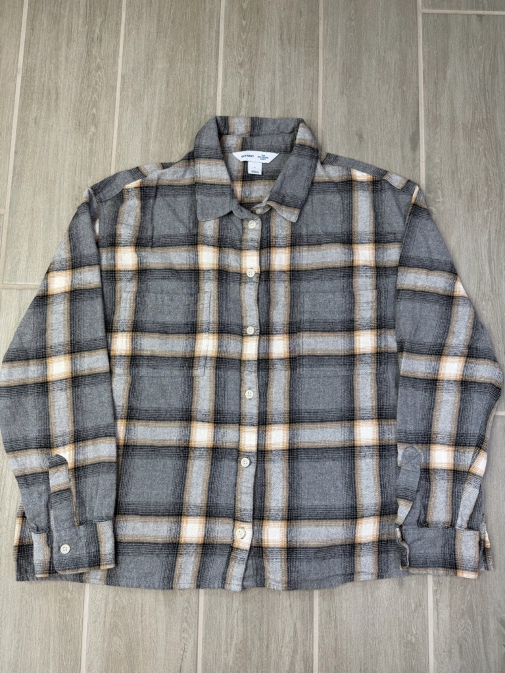 Old Navy Gray Plaid Boyfriend Shirt with Cream and Tan Stripes